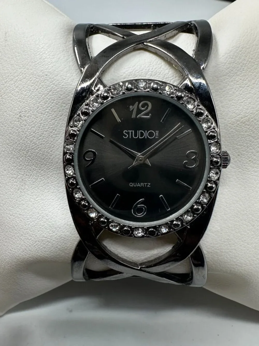 3/$30 Studio Time Watch Women Black Crystal Bezel Clamper Cuff Band 6.75
